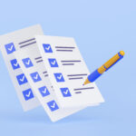 3D illustration of pen putting blue ticks on paper