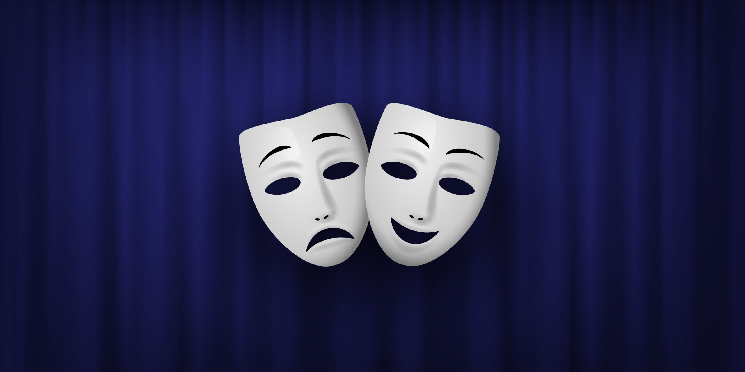 Comedy and Tragedy theatrical mask isolated on a blue curtain background.
