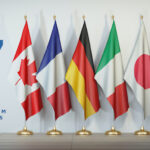 G7 summit or meeting concept. Row from flags of members of G7 group of seven and list of countries,