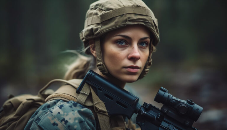 Young adult army sniper aiming rifle outdoors generated by AI