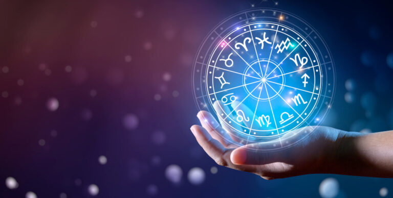 Zodiac signs inside of horoscope circle. Astrology in the sky with many stars and moons  astrology and horoscopes concept