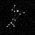 Vector illustration of the constellation Great Dog on a starry black sky background.