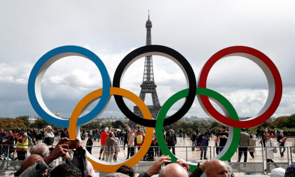FILE PHOTO: Olympic rings to celebrate the IOC official announcement that Paris won the 2024 Olympic bid are seen in front of the Eiffel Tower at the Trocadero square in Paris