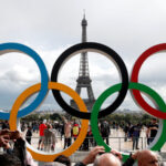FILE PHOTO: Olympic rings to celebrate the IOC official announcement that Paris won the 2024 Olympic bid are seen in front of the Eiffel Tower at the Trocadero square in Paris