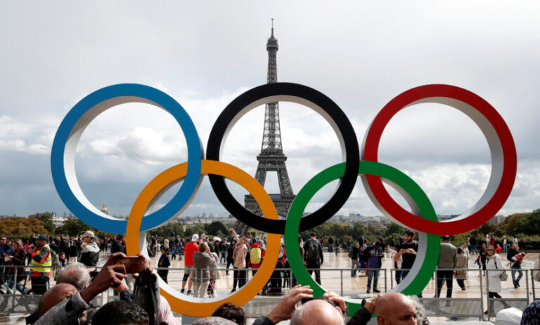 FILE PHOTO: Olympic rings to celebrate the IOC official announcement that Paris won the 2024 Olympic bid are seen in front of the Eiffel Tower at the Trocadero square in Paris