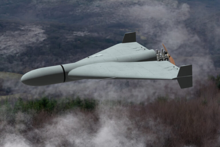 Russian military combat drone Shaheed flies over a forest, smoke from military action