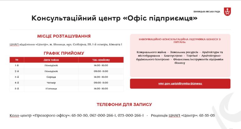 «Офіс підприємця» у Вінниці працюватиме за новим графіком